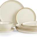 Famiware Saturn Dinnerware Sets, Plates and Bowls Sets for 4, 12 Pieces Stoneware Dish Set - Chip and Scratch Resistant, Microwave and Dishwasher Safe Tableware Set, Vanilla White with Rim
