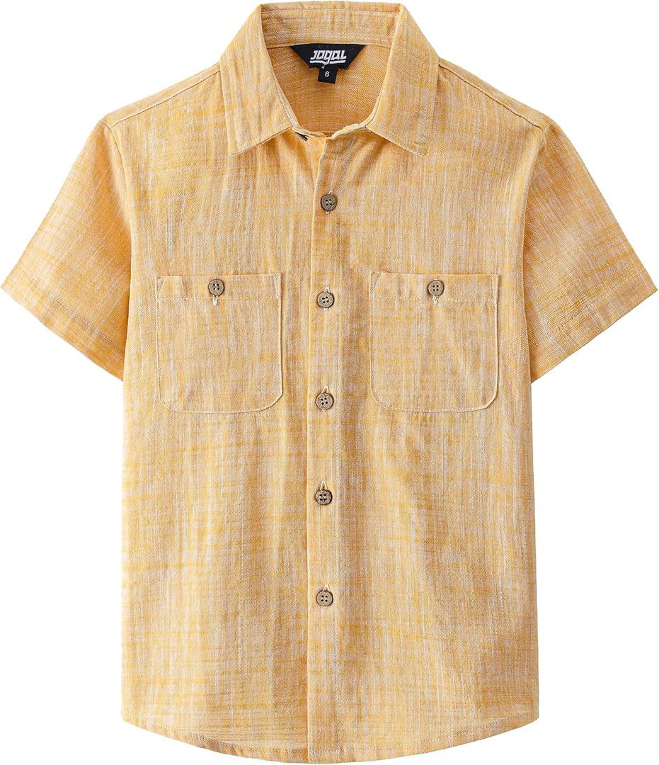 JOGAL Boys Chambray Shirts Short Sleeve Button Down Casual Cotton Woven Shirt with Two Pockets for Kids 6-14 Years