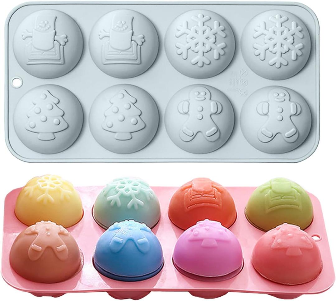 Christmas Chocolate Round Silicone Molds, Christmas Tree Snowflake Snowman Shape Half Sphere Circle Silicone Molds for Hot Chocolate Bomb, Candy Mini Soap, Cake, Jelly, Pudding, and Jello (8-Cavity)