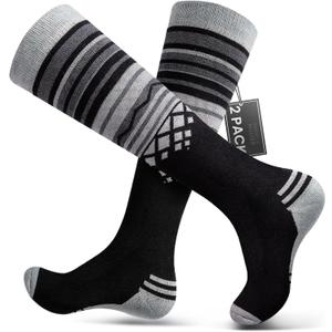 Ski Socks 2-Pack Merino Wool, Over The Calf Non-Slip Cuff for Men & Women (Large, Black)