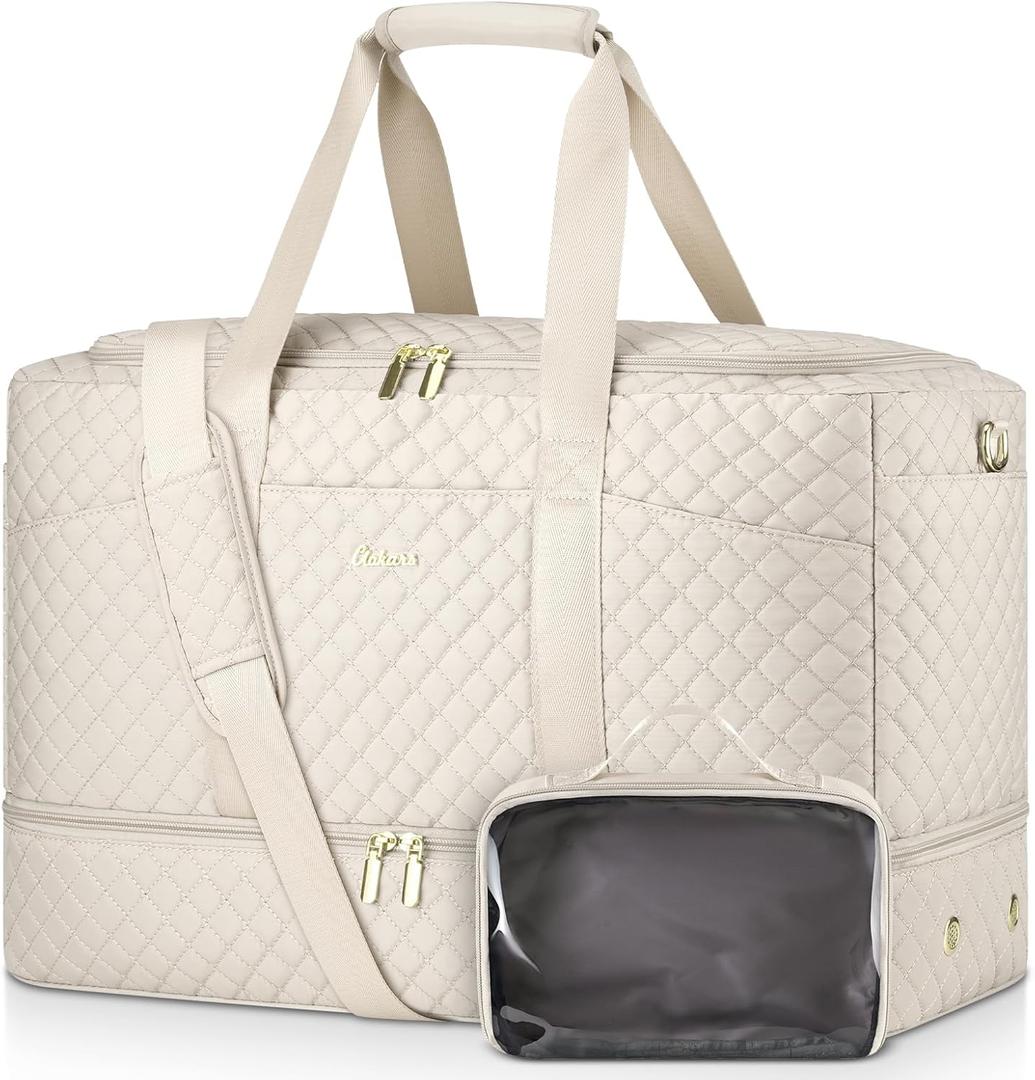 Duffle Bag for Travel, Weekender Bag with Shoe Compartment, Carry On Overnight Bag for Women with Toiletry Bag Duffel Bags with Wet Pocket for Gym Hospital Bags for Labor and Delivery Beige