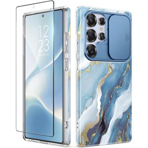 GVIEWIN for Samsung Galaxy S25 Ultra Case with Slide Camera Cover, [Screen Protector] [Shockproof Military Grade Drop Protection] Marble Slim Fit Hard PC Phone Cover S25 Ultra 6.9" 2025 (Serene)