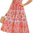 GRACE KARIN Women's Floral Boho Dress Hawaiian Dresse Short Sleeve V Neck Summer Beach Wedding Guest Swing Maxi Sundress (S)