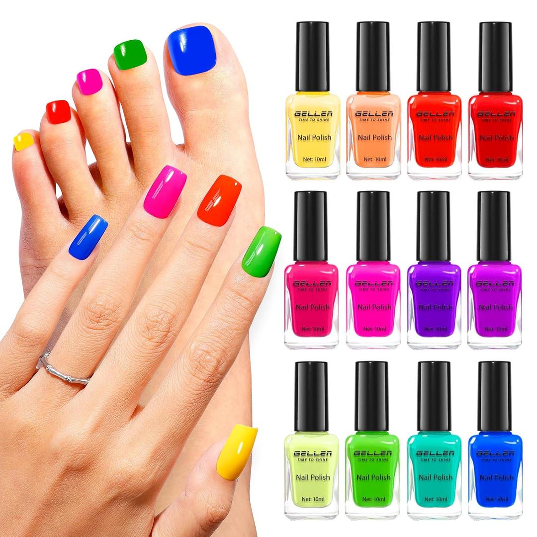 Gellen Bright Neon Nail Polish, Quick Air Dry Regular Nail Polish Vibrant Rainbow 10ml 12-Color Set for Finger Toe Nails Salon Home, TPO & HEMA Free Non-toxic, Red Pink Blue Green Purple Orange Yellow