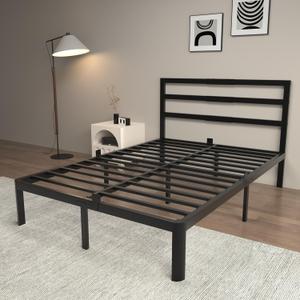14 Inch Full Bed Frames, Metal Bed Frame with Head Board, No Box Spring Needed, Heavy Duty Steel, Anti-Slip Mattress Stoppers, Noise Free, Round Corner Legs, Easy Assembly, Black