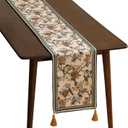 ISAENNE Designer Vintage Beige Linen Table Runner 87 Inches Long, Elegant Floral and Bird Pattern Decor Table Runners for Dining Tables, Thanksgiving,Christmas, Banquet,Party,12"*87"