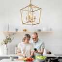 Industrial 4 Lights Chandelier, Gold Lantern Ceiling Light Fixtures with Rustic Metal Cage Adjustable Height Farmhouse Geometric Hanging Light for Kitchen Island, Dining Room, Entryway, UL Listed