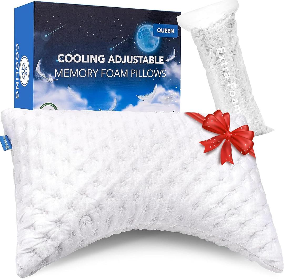 Cooling Side Sleeper Pillow for Neck and Shoulder Pain, Luxury Shredded Memory Foam Curved Bed Pillows for Sleeping Set of 1- Adjustable Queen Size- Washable Cover,  Crescent White