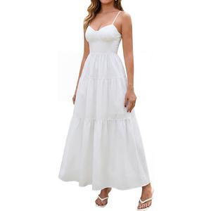 2026 Casual Beach Floral Maxi Boho Flowy A Line Sundress for Women | Lace Up Back, V Neck, Adjustable Spaghetti Strap, Vacation Wedding Guest Bridal Shower Tea Party Dresses (White)