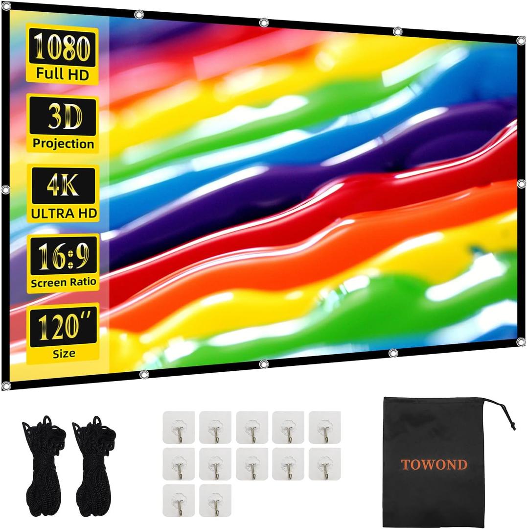 TOWOND Projector Screen 120 inch, Wrinkle-Free and Foldable Projection Screen 16:9 HD 4K Portable Movies Screen for Home Theater Outdoor Indoor Support Double Sided Projection