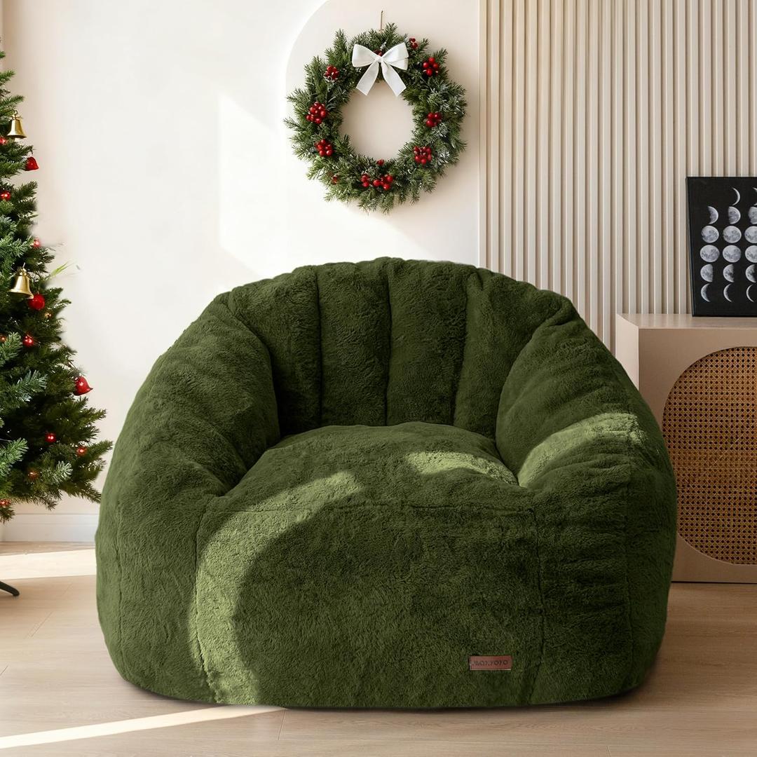 MAXYOYO Giant Bean Bag Chair, Oversized Bean Bag Couch for Adults and Kids, Faux Fur Shell-Shaped Large Chair with Filler, Stuffed Big Accent Sofa Floor Sofa for Gaming, Reading, Green