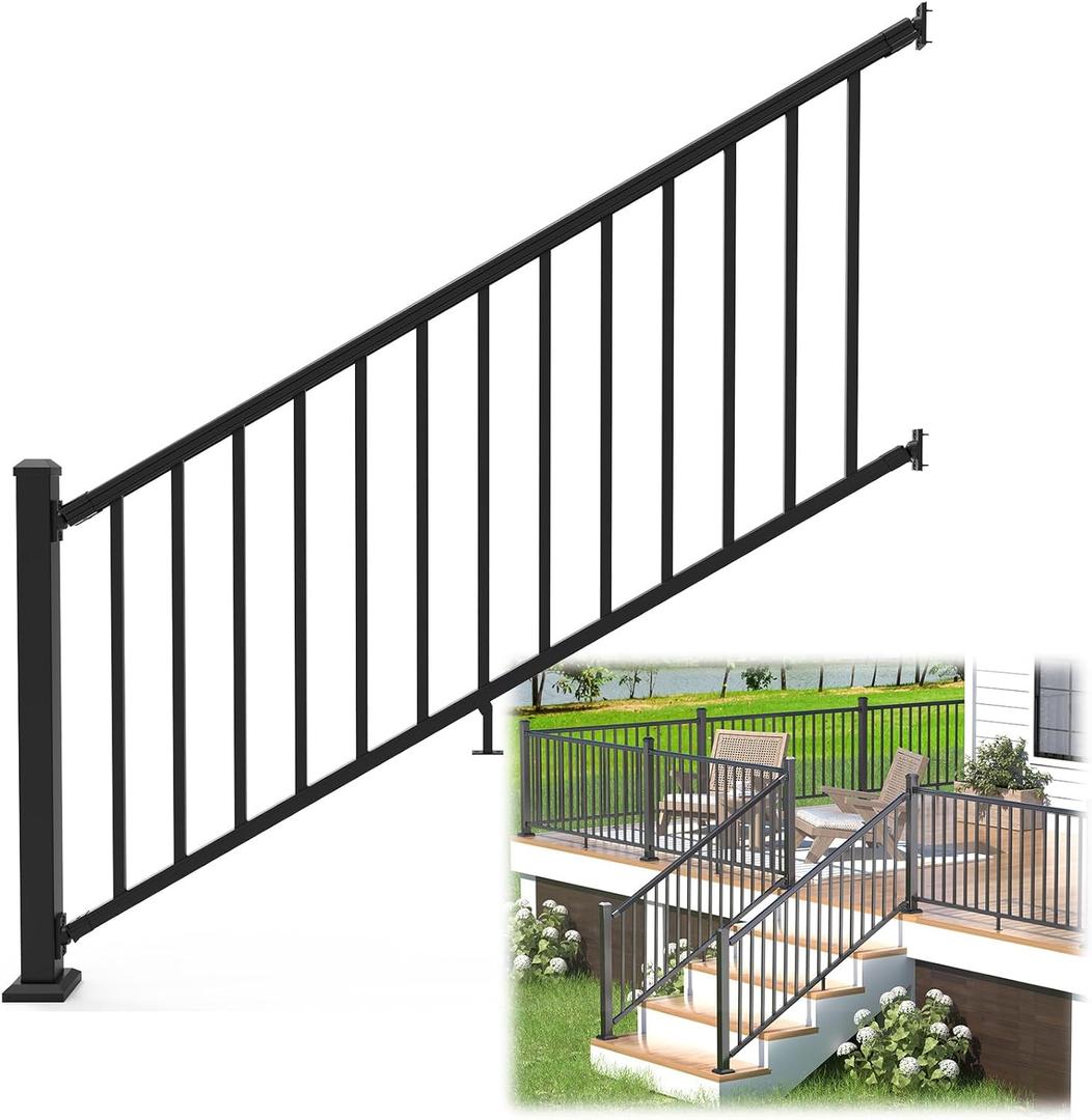 36 in. H x 6 ft. W Porch and Deck Railing Kit, Aluminum Stair Railing Kit, Black Textured Powder-Coat Finish Railing System for Concrete Steps or Wooden Stairs (1 Post, 1 Panel)