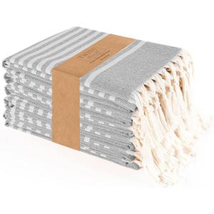 TWINY threads Set of 6 100% Cotton Turkish Kitchen Towels with Hanging Loop & Tassels (18" X 28") | Ultra Washcloth with Fringes | Reusable Hand Towels - Grey