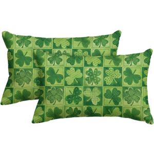 AVOIN colorlife St Patricks Day Clover Polka Dot Green Throw Pillow Covers, 12 x 20 Inch Check Shamrock Cushion Case Decoration for Sofa Couch Set of 2