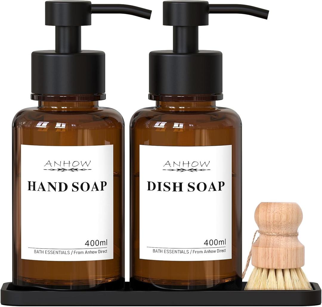 Amber Glass Soap Dispensers, 2 Pack Hand Soap Dispensers Set with Stainless Steel Pump Non-Slip Silicone Tray Bamboo, Dish Brush, 16 Waterproof Labels, for Kitchen Home - Amber/ 13.5 oz