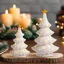 WDS WONDROUS Ceramic Christmas Tree White with Lighted Decor, 2 Pcs Christmas Trees Figurines with Lights, Small Xmas Tree with Star for Tabletop Mantel Shelf Fireplace (5.1x5.1x9.0in, White and Gold)