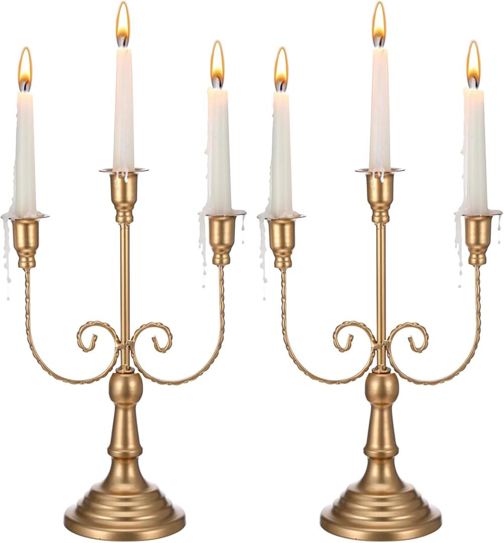 2 Pcs 3 Arm Gold Candelabra, 11.6" Metal Candle Holders Candelabra Centerpieces for Tables Theme Party Table Centerpiece Decor, Dining Room Wedding Birthday Holiday Christmas Fireplace Mantle