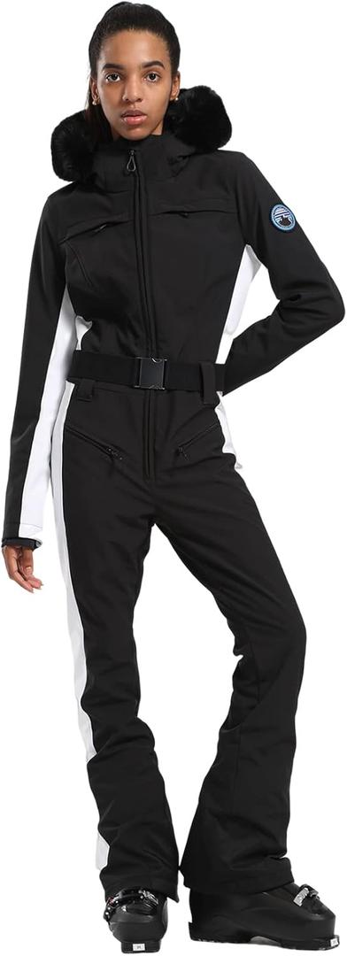 GSOU SNOW Womens Ski Suit One Piece Snowsuit Snowboard Slim Insulated Jumpsuit Jacket Waterproof Windproof for Outdoor Sports (Medium, Black 1)