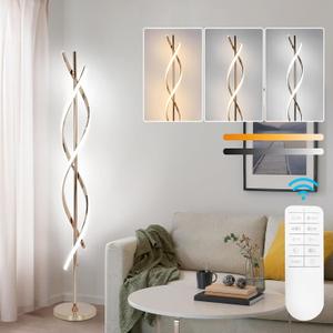 LED Modern Floor Lamp for Living Room, 40W 3 Colors Stepless Dimmable and Color-Changing Bright Floor Standing Lamp,60" Unique Spiral Floor Tall Lamp for Bedroom Office with Remote,Gold