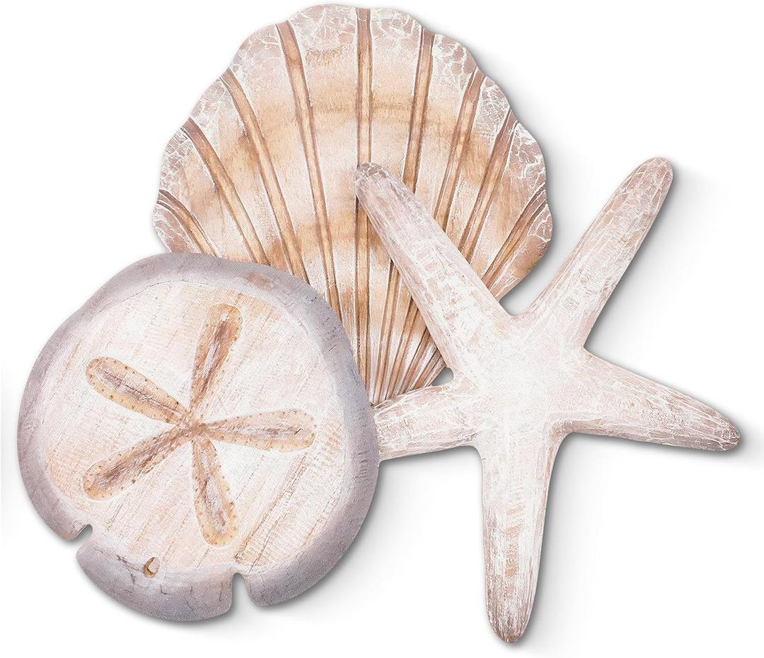 Novabright Coastal Sea Shell Wall Art Rustic Wooden Starfish and Sand Dollar Decor for Beach Theme Bathroom Bedroom Living Room Nautical Wooden Sign for Lake House Summer Home Decoration(Brown)