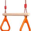 PELLOR Kids Trapeze Bar with Rings,Wooden Trapeze Swing Bar for Ninja Warrior Obstacle Course,Children's Swing Set Indoor Outdoor Garden,Yard,Playground (Orange)