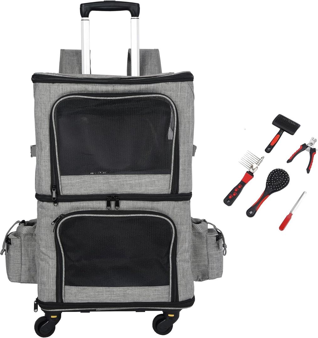 Double Pet Carrier Backpack with Wheels for Small Dogs & Cats, Dual Compartment Rolling Carrier for Vet Visits & Road Trips (Not Designed for Under-Seat Airline Travel, Check Size Guide)