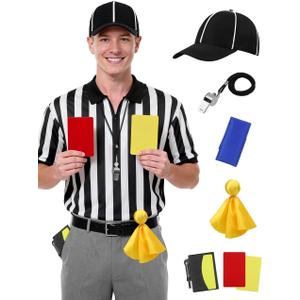 SOMSOC 6 Pcs Referee Shirt, Men Women Zipper Collar Ref Shirt Card Hat Whistle Penalty Flag Sandbag Rugby for Football Soccer (Large, Black and White)