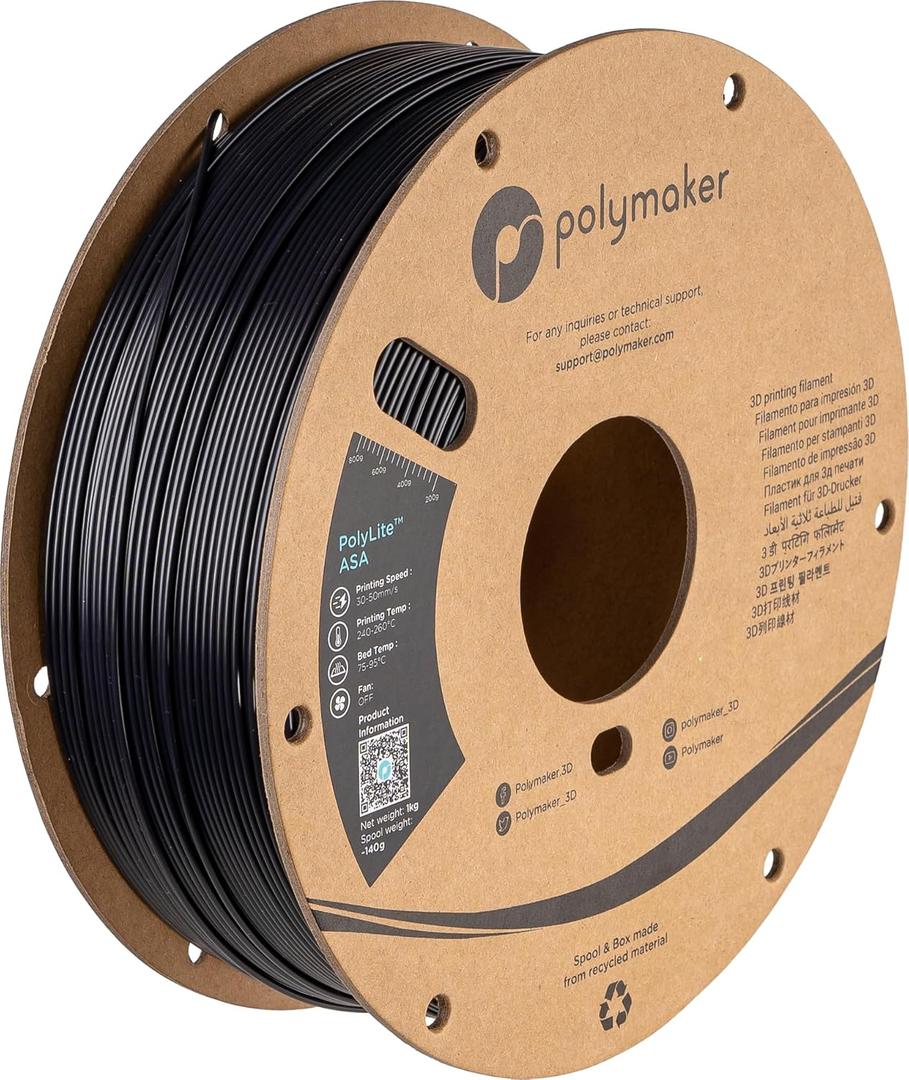 Polymaker ASA Filament 1.75mm Black, 1kg ASA 3D Printing Filament, Heat & Weather Resistant - ASA 3D Printer Filament Perfect for Printing Outdoor Functional Parts