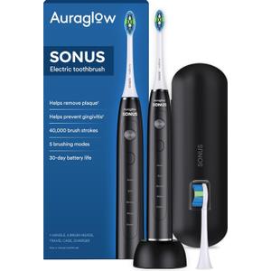 AURAGLOW Sonic Electric Toothbrush for Adults – Rechargeable, 40,000 VPM, 5 Modes, Removes 10x More Plaque, IPX7 Waterproof, Wireless Charging, 30-Day Battery, 2 Brush Heads & Travel Case