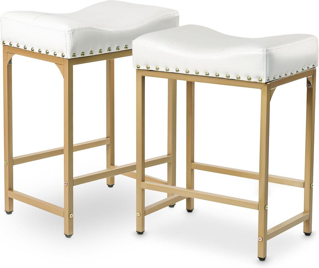 Bar Stools Set of 2, 24 Inch Gold White Counter Height Stools with Cushion, Faux Leather, Metal Frame, Modern Style Stools for Kitchen Counter Island, 24" Set of 2 with Nailhead Trim