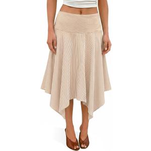 Tankaneo Womens Striped High Waisted Midi Skirt Summer Flowy Asymmetric Hem Casual A Line Skirts