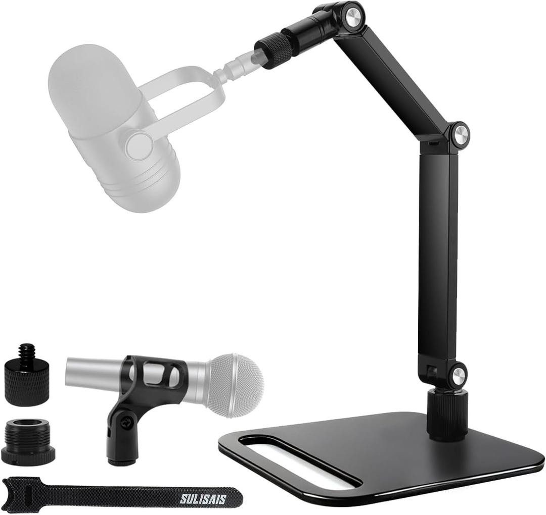 Studio Mic Stand, Desktop Microphone Stand, Mic Arm Desk Mount with 1/4"-3/8"-5/8" Adapter, Adjustable Mic Mount for Blue Yeti Hyperx Quadcast SoloCast, Webcams