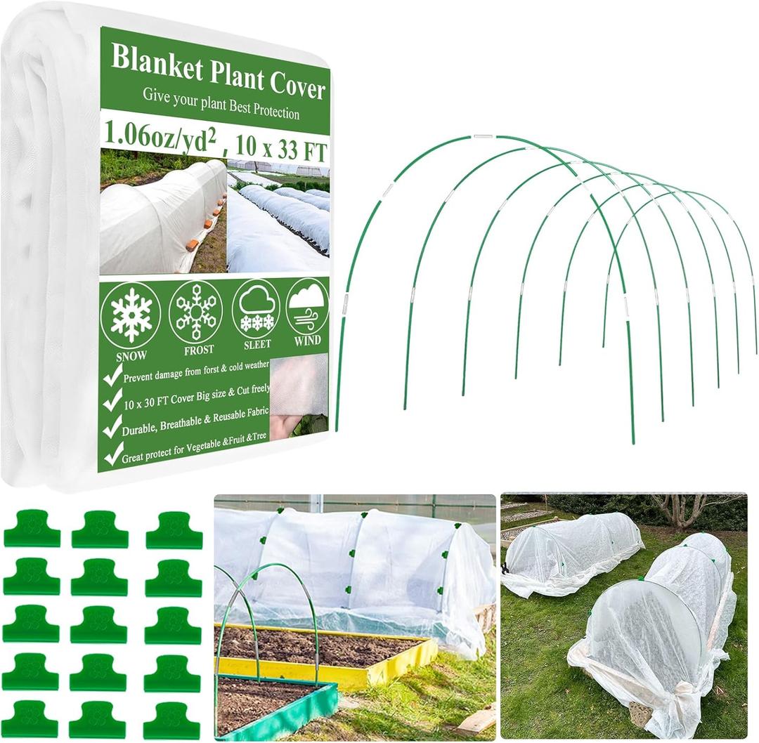 10x33FT Plant Covers Freeze Protection Kit, Garden Hoops Kit for Winter, Frost Cloths Plant Blanket Floating Row Cover for Winter Outdoor, Greenhouse Garden Hoop for Raised Bed Snow Protection