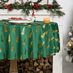 Horaldaily Green Tablecloth 60x60 Inch Round, Solid Round Table Cloth with Golden Christmas Tree Sequin, Thanksgiving Christmas Table Cover for Wedding, Party, Banquet, and Events