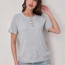 Womens Tops Summer Sweaters Short Sleeve Patchwork V Neck Henley Shirts 2026 Dressy Casual Business Tunic Blouses (Gray, XL)
