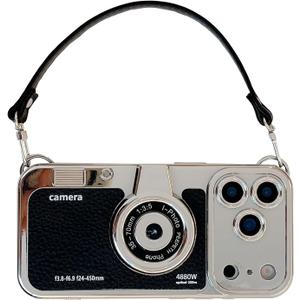 3D Vintage Camera Phone Case with Hand Strap - Unique Cool Silicone PC Shockproof Crossbody Protective Case for iPhone 17 Pro Max-Black