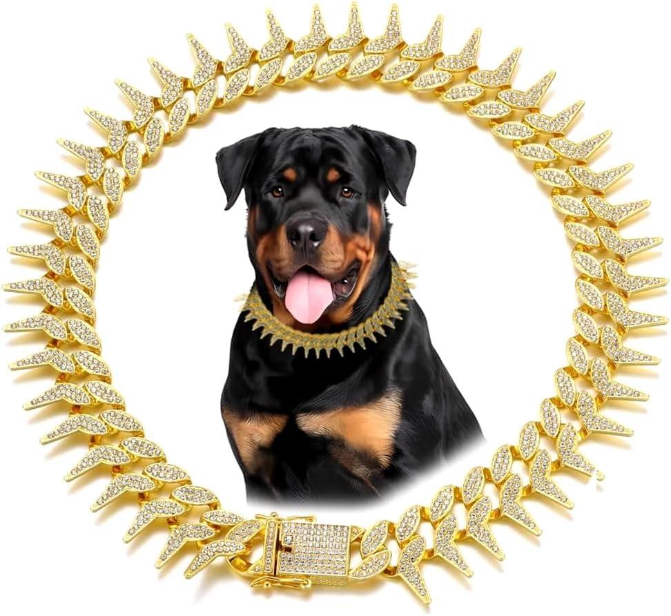 Gold Dog Chain Collar, Cool Spiked Style Necklace Bling Diamond Cuban Link Dog Collars Glitter Rhinestone Puppy Collar for XXS XS Small Medium Large Pet Dogs Cats (Gold, 12 Inches)