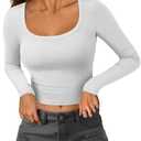 ATHMILE Women's Scoop Neck Long Sleeve Ribbed Slim Fitted Casual Basic Crop Top B-White, S 2 Pack
