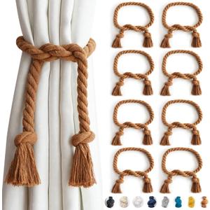 8 Pack Outdoor Curtain Tiebacks Rope, Natural Cotton Curtain Holders, Village Rural Rustic Curtain Holdbacks, Farmhouse Nautical Curtain Rope Tie Back for Drapery Patio, (Coffee)