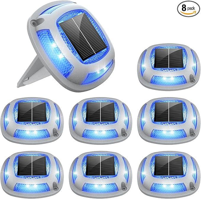 VOLISUN Solar Driveway Lights 8 Pack Waterproof Dock & Deck Marker Lights,2-in-1 Blue & White LED,IP67 Wireless Outdoor Solar Light for Driveways,Sidewalks,Pathways,and Yards