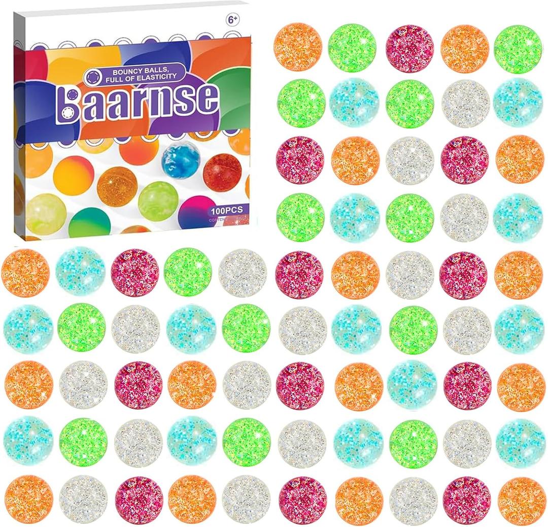 100PCS Small Glitter Bouncy Balls for Kids 5 Assorted Colors Mini Rubber Bounce Balls Bulk for Party Favors, Easter Goodie Bags Stuffers, Pinata Stuffers, Halloween Christmas (Glitter)