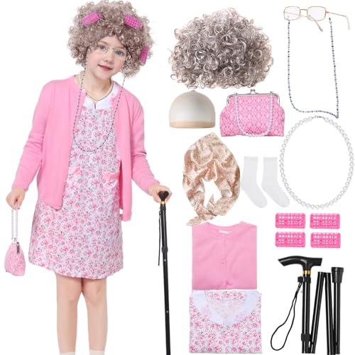 Kicpot Old Lady Costume for Kids Girls 100 Days Of School Costume Grandma Costume Granny Old Lady Dress Up (Pink, 5-7Y) 