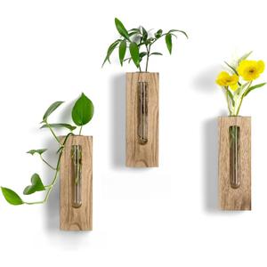Wood Wall Vase Decor: Rustic Wooden Decor for Farmhouse Bathroom Kitchen Hallway - Hanging Plant Propagation Stations for Indoor Plants Dried Flowers Eucalyptus (Natural)