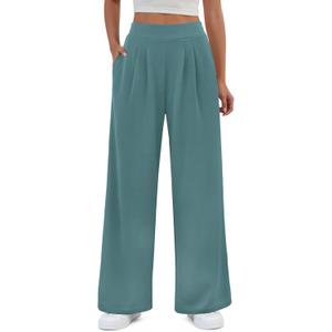 FireSwan Women's Wide Leg Pants Elastic High Waist Casual Palazzo Pants Trousers with Pockets (X-Large, A-lake Blue)