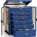 AKOZLIN Large Jewelry Box Organizer Functional Lockable with Big Mirror, Leather Jewelry Storage Case for Women Girls Ring Necklace Earring Bracelet Holder Organizer Blue