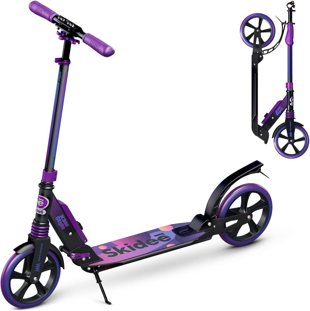 Skidee Adult & Teen Scooter Adjustable Height, Folding, Large Wheels, Lightweight, Durable, Anti-Shock Suspension, Up to 220 lbs (Deep Space)
