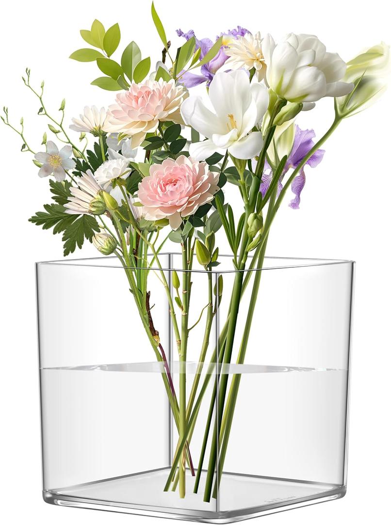 Acrylic Cylinder Vase, Thick Vase, Non-Breakable Plastic, Decorative Centerpiece for Home or Wedding, 7.87"x7.87" Square - Clear