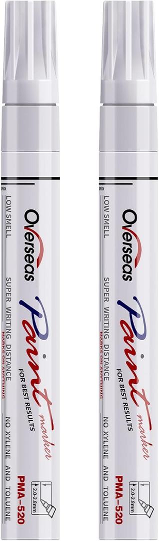 Overseas Permanent Paint Pens White Markers - 2 Pack Single color Oil Based Paint Markers, Medium Tip, Quick Drying and Waterproof Marker Pen for Metal, Rock Painting, Wood, Plastic, Canvas, Mugs