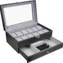 Leather Watch Box 12 Mens Watch Organizer with Jewelry Display Drawer Lockable Watch Case Organizer, Black