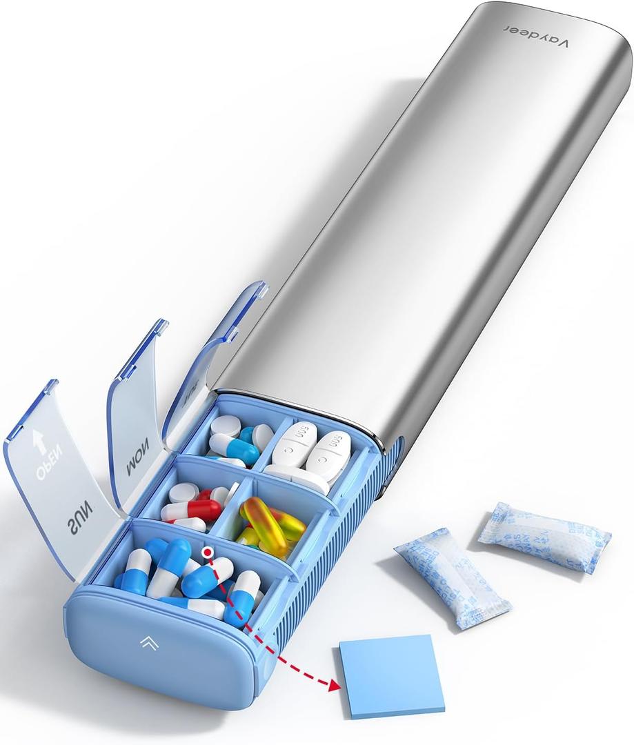 VAYDEER Metal Weekly Pill Organizer  Moisture-Proof Travel Pill Organizer with Built-in Desiccant Chamber and Airtight Lids  Large-Capacity Pill Box for Vitamins, Medicines & Supplements(Silver)